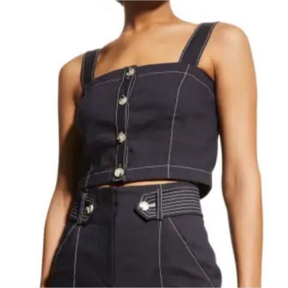 Veronica Beard Tiffany Linen Button-Front Crop Top NWT XL $298 NAVY BLUE - Picture 2 of 9